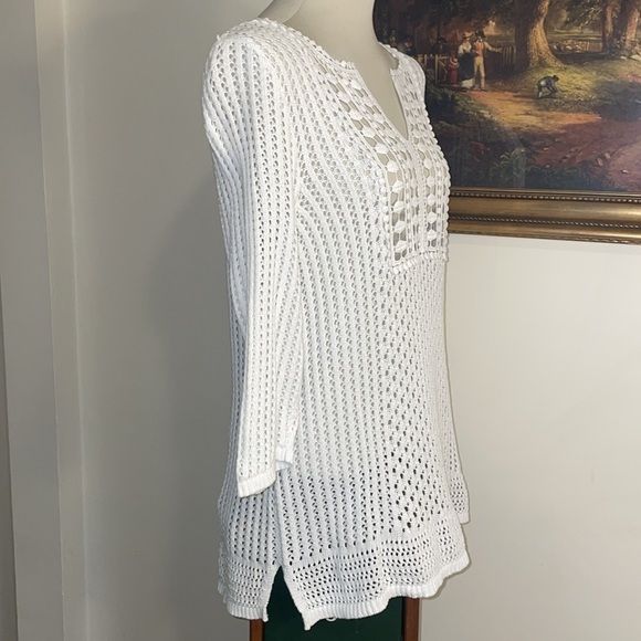 Chico’s Open Knit Crochet V-Neck Sweater Women Size 2 (12) 3/4 Sleeve White - Picture 4 of 11